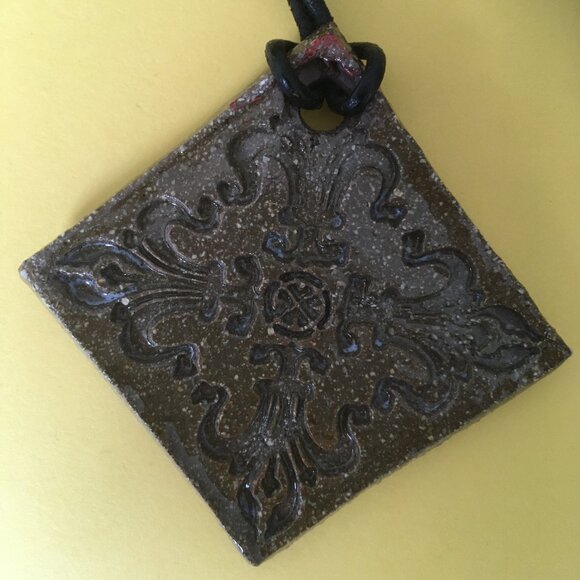 Terracotta Brown Ceramic Embossed Tile Necklace - Picture 3 of 7